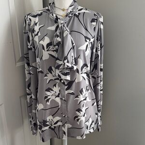Calvin Klein Gray and Black Floral Blouse- like new extra button still attached.